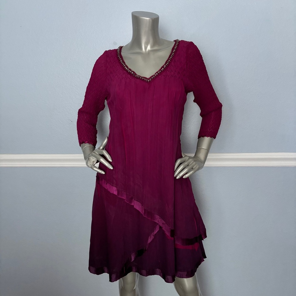 Komarov Chiffon Tiered Dress Red Plum Ombre Beaded V-Neck 3/4 Sleeve Nwt